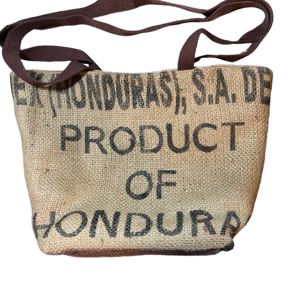 Helen Troy Bag‎ Brown Straps Jute Printed Logo Coffee Bean Tote Style - Picture 3 of 8